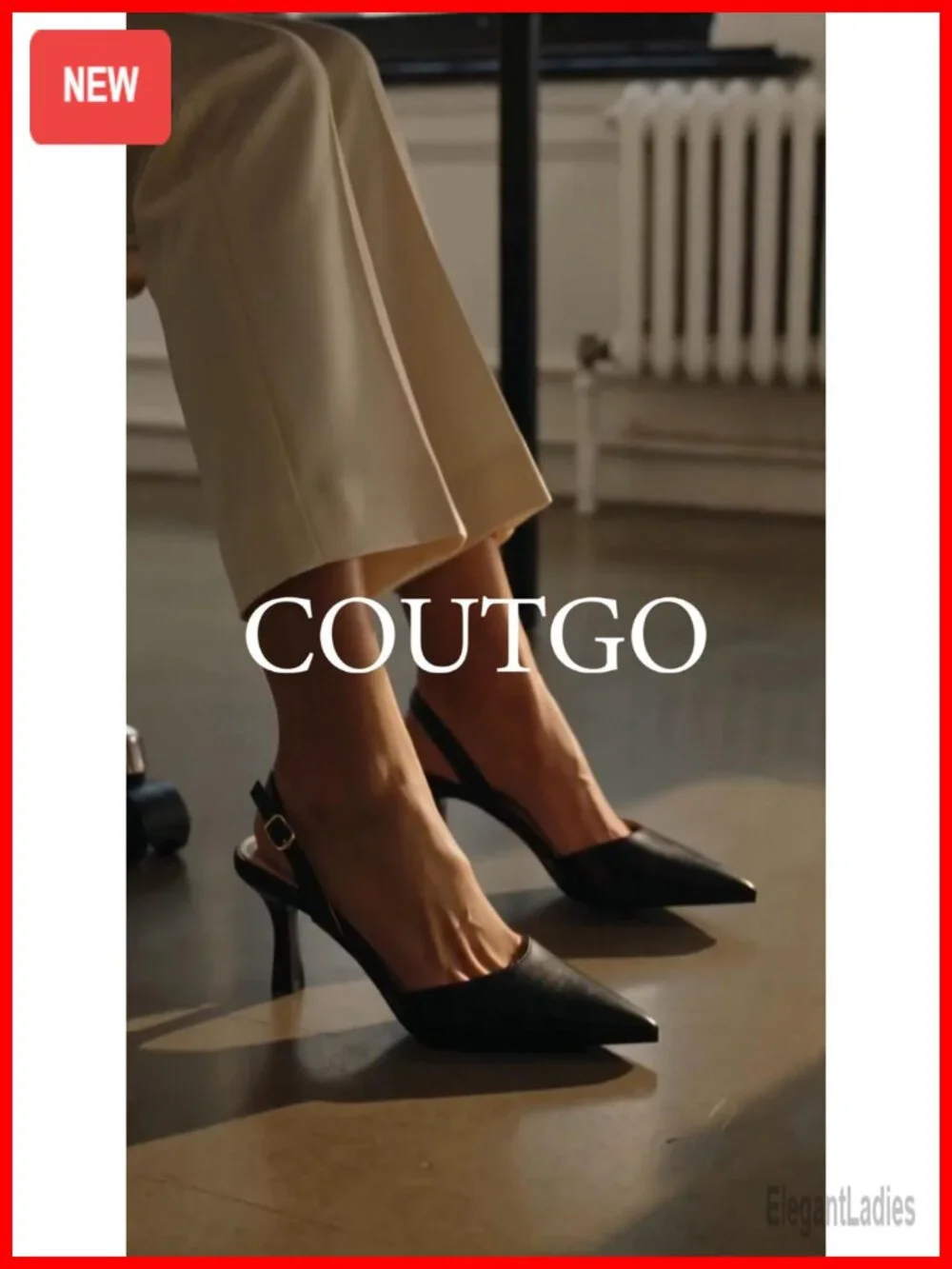Coutgo Womens Slingback Kitten Heels Closed Pointed Toe Pump Faux Leather